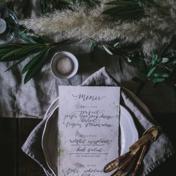 - AMY ROCHELLE PRESS - Menu Design for Eva Kosmas Flores Croatia Photography Workshop. Each menu was hand lettered in emerald green with pearl accents. Photography by Eva Kosmas Flores.