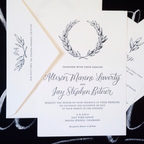 - AMY ROCHELLE PRESS - Custom letterpress wedding invitation suite with a hand illustrated olive wreathe and hand lettered calligraphy. Letter pressed on Crane's Lettra with soft charcoal ink.